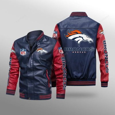 NFL Denver Broncos Navy Red Leather Bomber Jacket