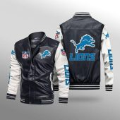 NFL Detroit Lions Black White Leather Bomber Jacket