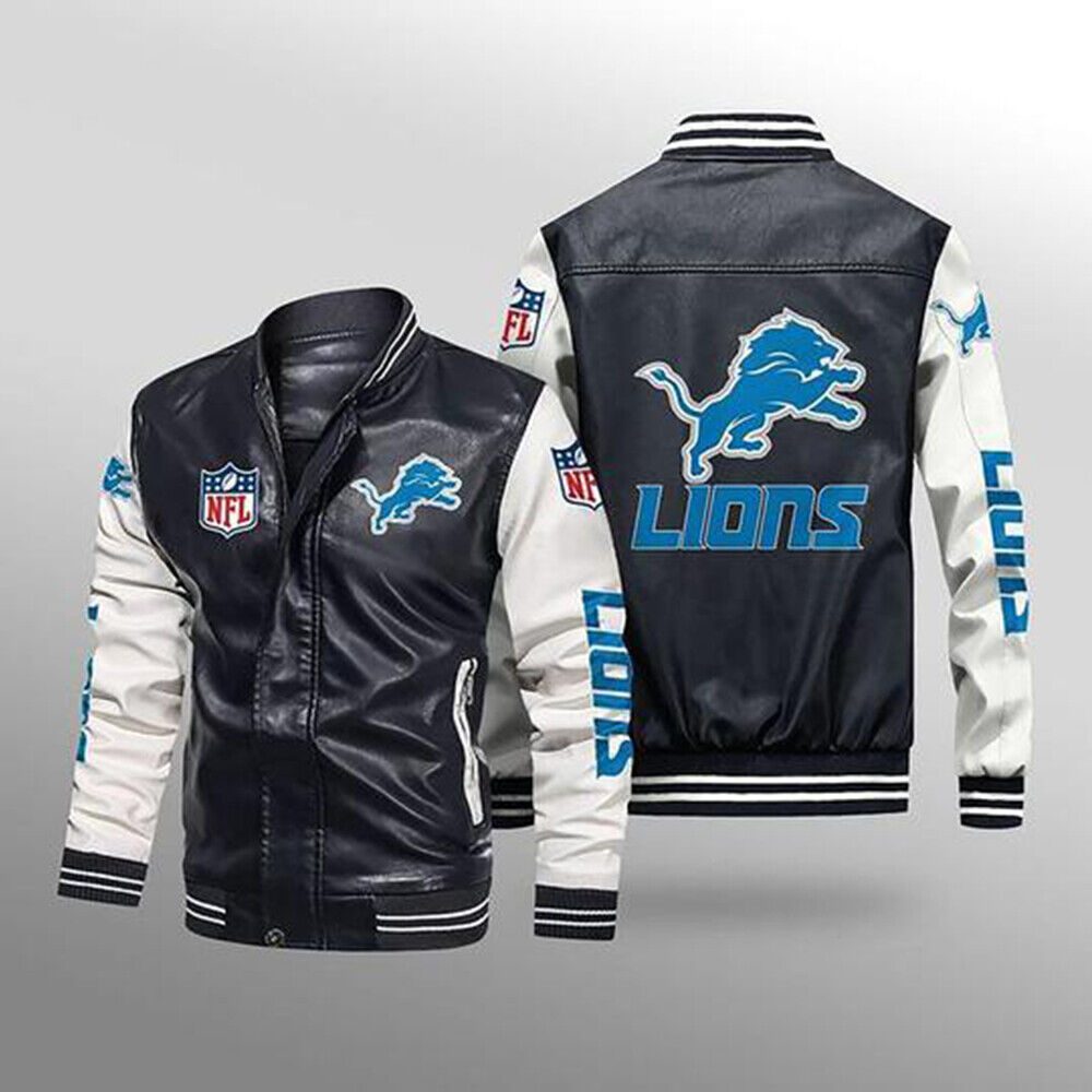 NFL Detroit Lions Black White Leather Bomber Jacket NFL Detroit Lions Black White Leather Bomber Jacket