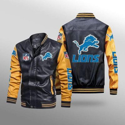 NFL Detroit Lions Black Yellow Leather Bomber Jacket