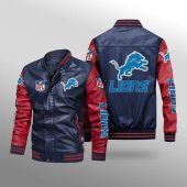 NFL Detroit Lions Navy Red Leather Bomber Jacket