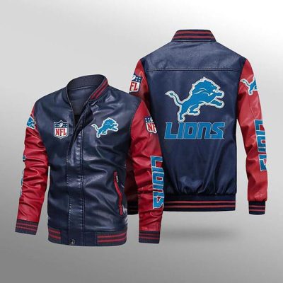 NFL Detroit Lions Navy Red Leather Bomber Jacket