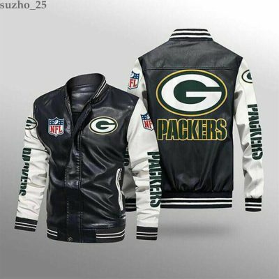 NFL Green Bay Packers Black White Leather Bomber Jacket