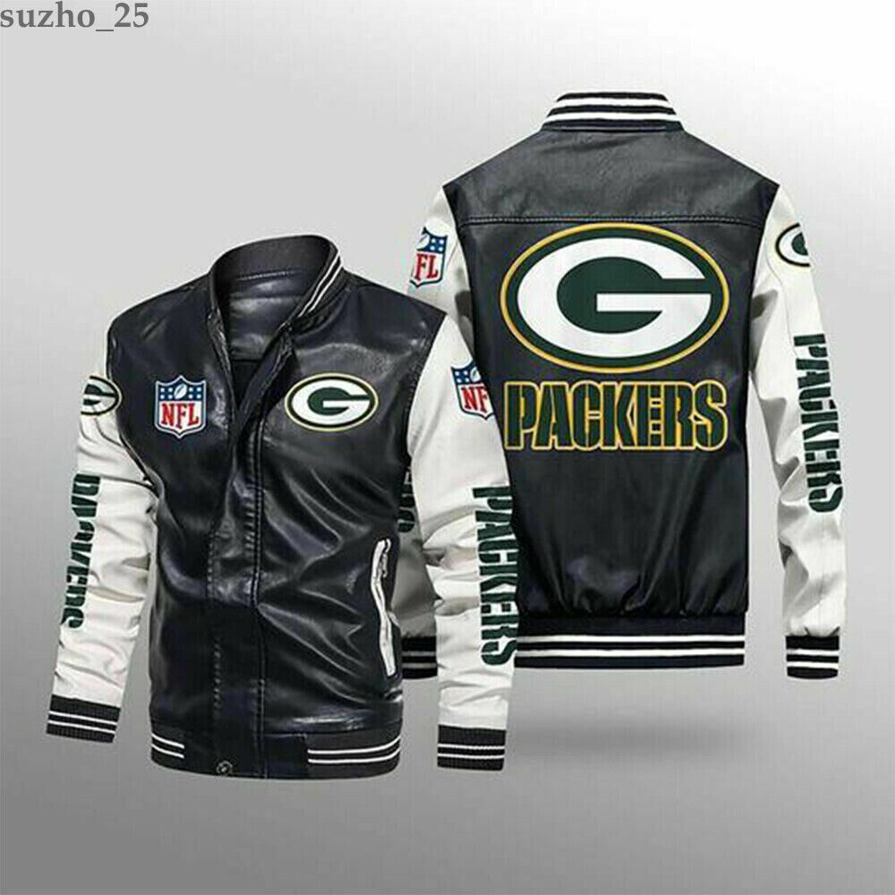 NFL Green Bay Packers Black White Leather Bomber Jacket NFL Green Bay Packers Black White Leather Bomber Jacket
