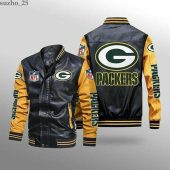 NFL Green Bay Packers Black Yellow Leather Bomber Jacket