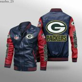 NFL Green Bay Packers Navy Red Leather Bomber Jacket