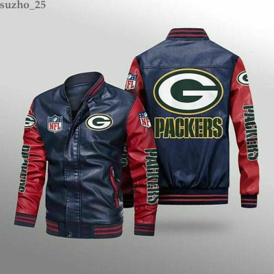 NFL Green Bay Packers Navy Red Leather Bomber Jacket