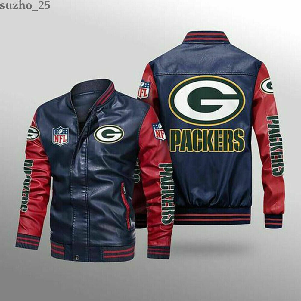 NFL Green Bay Packers Navy Red Leather Bomber Jacket NFL Green Bay Packers Navy Red Leather Bomber Jacket
