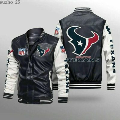 NFL Houston Texans Black White Leather Bomber Jacket