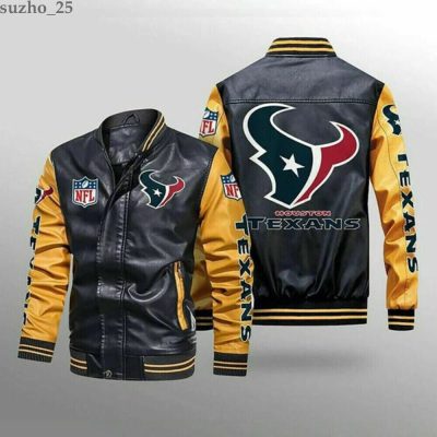 NFL Houston Texans Black Yellow Leather Bomber Jacket