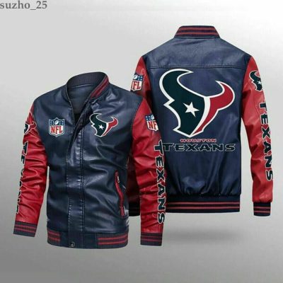 NFL Houston Texans Navy Red Leather Bomber Jacket
