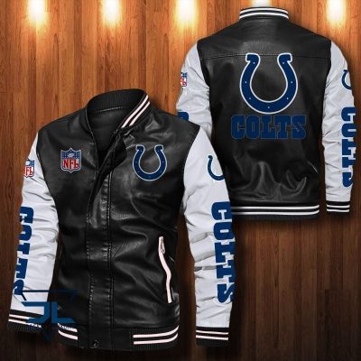 NFL Indianapolis Colts Black White Leather Bomber Jacket