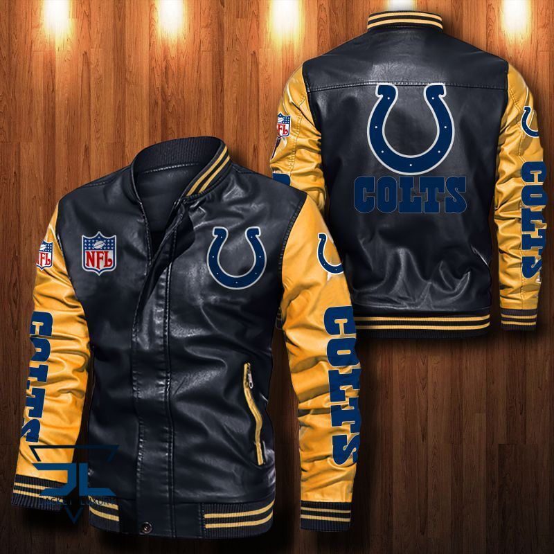 NFL Indianapolis Colts Black Yellow Leather Bomber Jacket NFL Indianapolis Colts Black Yellow Leather Bomber Jacket