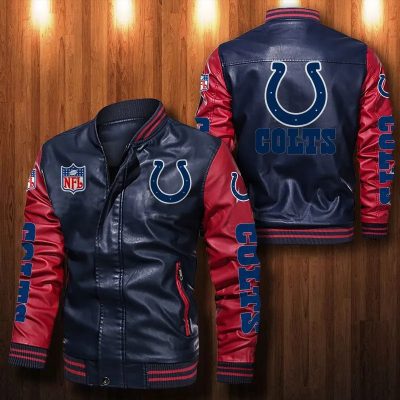 NFL Indianapolis Colts Navy Red Leather Bomber Jacket