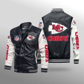 NFL Kansas City Chiefs Black White Leather Bomber Jacket