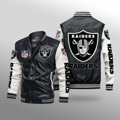 NFL Las Vegas Raiders Black White Leather Bomber Jacket