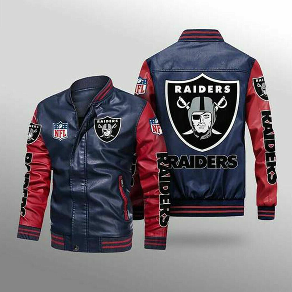NFL Las Vegas Raiders Navy Red Leather Bomber Jacket NFL Las Vegas Raiders Navy Red Leather Bomber Jacket