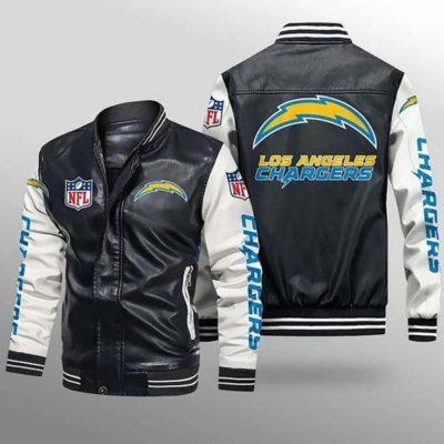 NFL Los Angeles Chargers Black White Leather Bomber Jacket