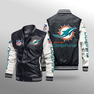 NFL Miami Dolphins Black White Leather Bomber Jacket