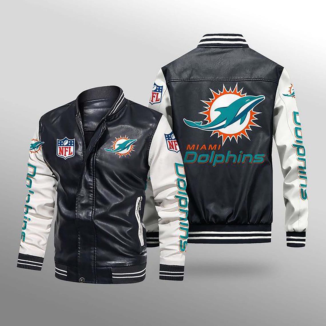 NFL Miami Dolphins Black White Leather Bomber Jacket NFL Miami Dolphins Black White Leather Bomber Jacket