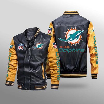 NFL Miami Dolphins Black Yellow Leather Bomber Jacket