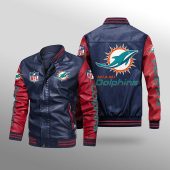 NFL Miami Dolphins Navy Red Leather Bomber Jacket