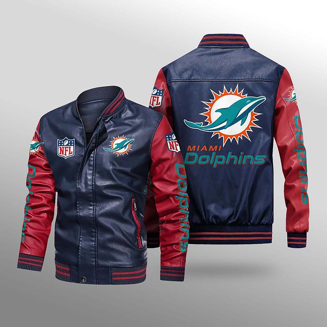 NFL Miami Dolphins Navy Red Leather Bomber Jacket NFL Miami Dolphins Navy Red Leather Bomber Jacket