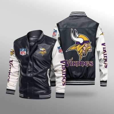 NFL Minnesota Vikings Black White Leather Bomber Jacket