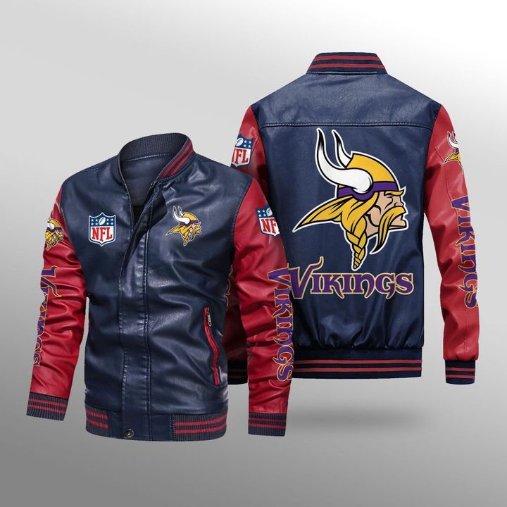 NFL Minnesota Vikings Navy Red Leather Bomber Jacket NFL Minnesota Vikings Navy Red Leather Bomber Jacket