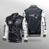 NFL New England Patriots Black White Leather Bomber Jacket