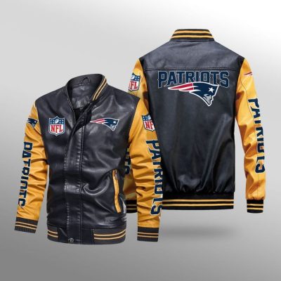 NFL New England Patriots Black Yellow Leather Bomber Jacket