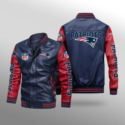 NFL New England Patriots Navy Red Leather Bomber Jacket