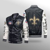NFL New Orleans Saints Black White Leather Bomber Jacket