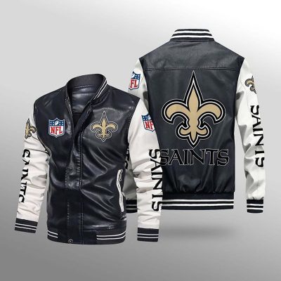 NFL New Orleans Saints Black White Leather Bomber Jacket