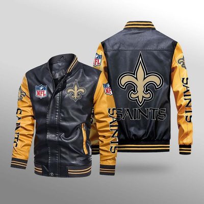 NFL New Orleans Saints Black Yellow Leather Bomber Jacket