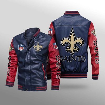 NFL New Orleans Saints Navy Red Leather Bomber Jacket
