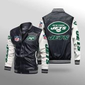 NFL New York Jets Black White Leather Bomber Jacket