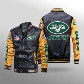 NFL New York Jets Black Yellow Leather Bomber Jacket