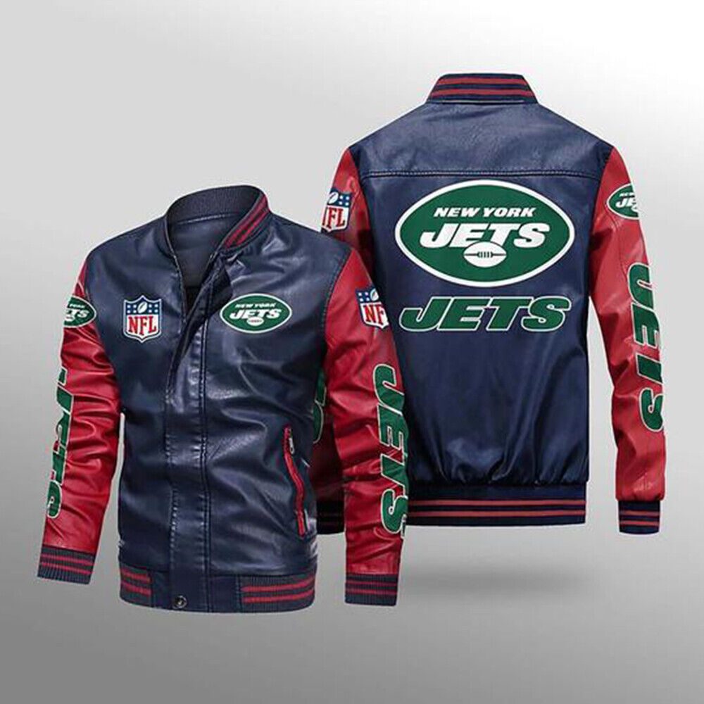 NFL New York Jets Navy Red Leather Bomber Jacket NFL New York Jets Navy Red Leather Bomber Jacket