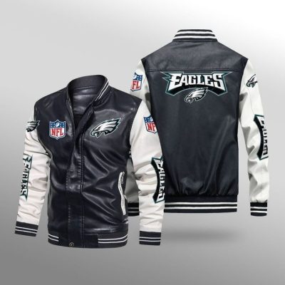 NFL Philadelphia Eagles Black White Leather Bomber Jacket