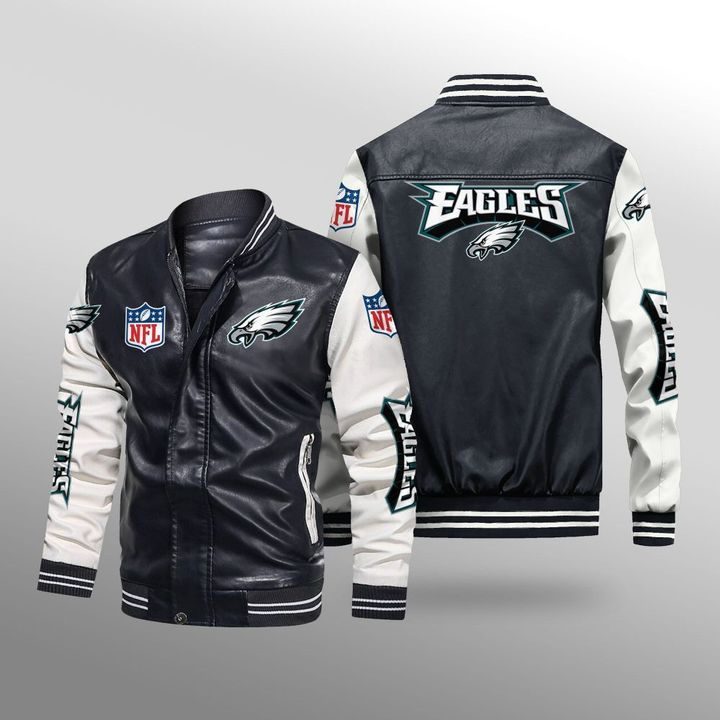 NFL Philadelphia Eagles Black White Leather Bomber Jacket NFL Philadelphia Eagles Black White Leather Bomber Jacket