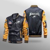 NFL Philadelphia Eagles Black Yellow Leather Bomber Jacket
