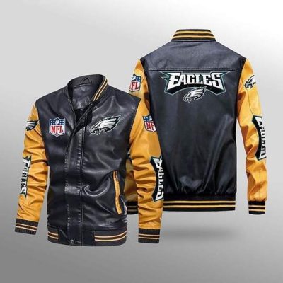 NFL Philadelphia Eagles Black Yellow Leather Bomber Jacket