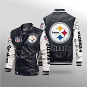 NFL Pittsburgh Steelers Black White Leather Bomber Jacket