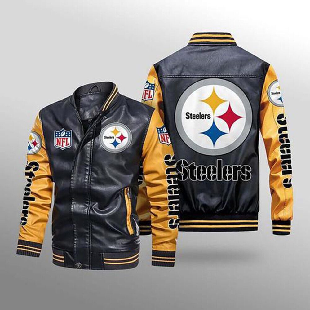 NFL Pittsburgh Steelers Black Yellow Leather Bomber Jacket NFL Pittsburgh Steelers Black Yellow Leather Bomber Jacket