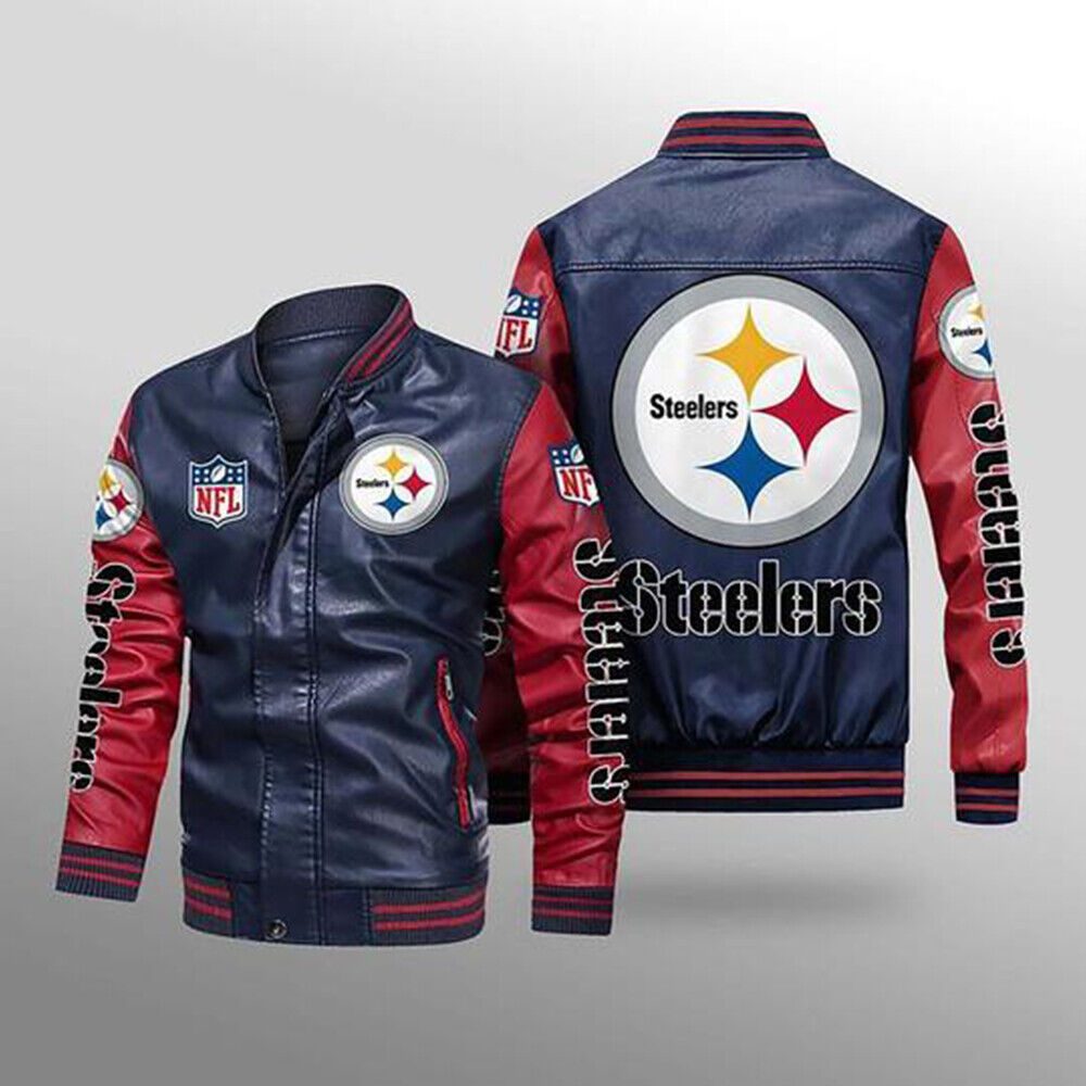 NFL Pittsburgh Steelers Navy Red Leather Bomber Jacket NFL Pittsburgh Steelers Navy Red Leather Bomber Jacket