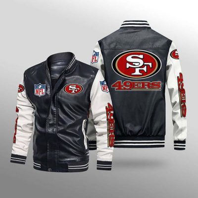 NFL San Francisco 49ers Black White Leather Bomber Jacket