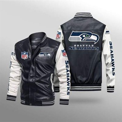 NFL Seattle Seahawks Black White Leather Bomber Jacket