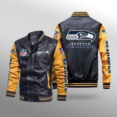 NFL Seattle Seahawks Black Yellow Leather Bomber Jacket