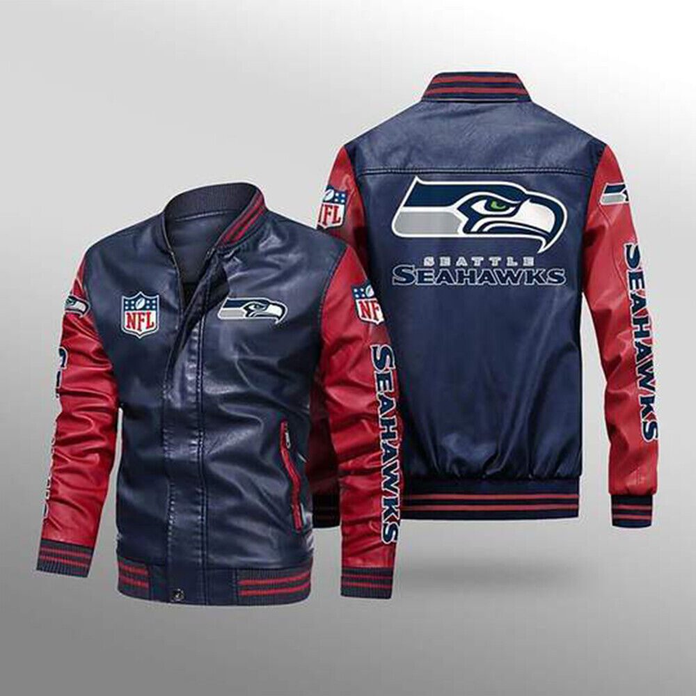 NFL Seattle Seahawks Navy Red Leather Bomber Jacket NFL Seattle Seahawks Navy Red Leather Bomber Jacket